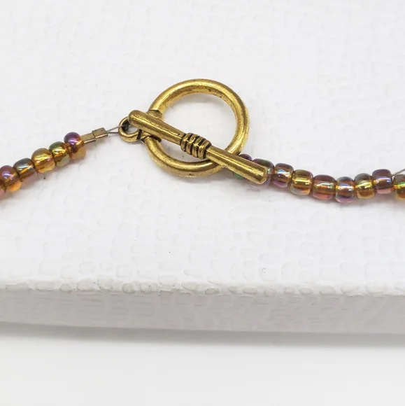 Handmade Red Creek Jasper Stone Bib Style Necklace Iridescent Glass Seed Beads - Picture 4 of 12